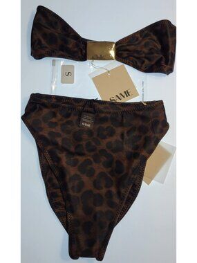 SAME Los Angeles Bikini Set Strapless S Leopard Print High Waist Gold Hardware N